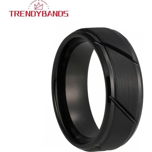 Classic 8MM Black Tungsten Carbide Ring Grooved Wedding Band Stepped Beveled Edges Comfort Fit