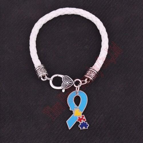 Autism Hope Jewelry Autism Awareness puzzle Piece enamel Ribbon Charm with 7.8" Pure White Leather chain Lobster Claw Bracelets