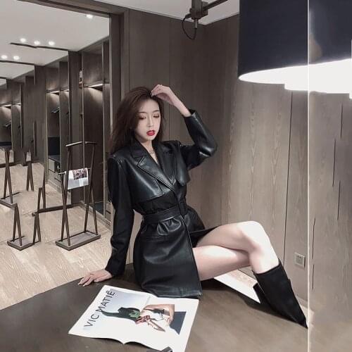 2021 New Spring Autumn Ladies Leather Jacke Slim Womens Black Leather Jackete Outerwear Belt Coat Windbreaker Casaco Feminino