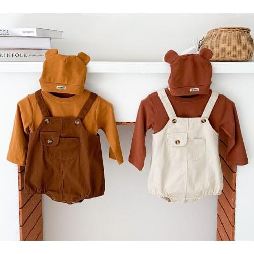 New 2021 Spring Infant Baby Boys Girls Long Sleeve Pure Color Top + Braces Pants Clothing Sets Kids Boy Girl Clothes Suits