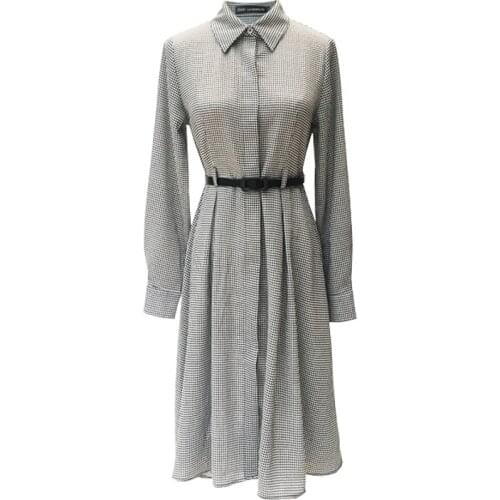 New Houndstooth Kate Princess Dress Elegant Turn-Down Collar Long Sleeve Pleated Dresses 7111