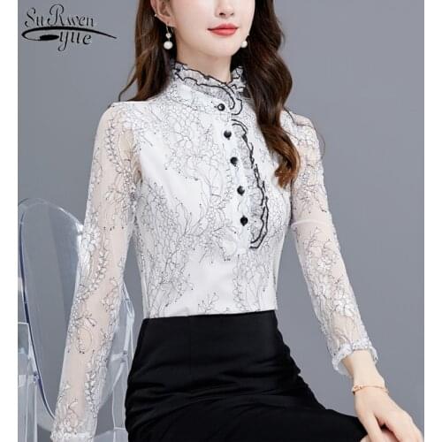 Autumn New Stand-Collar Lace Long Sleeve Womans Blouses All-match White Slim Shirt Fashion See Through Ol Style Shirt 10766