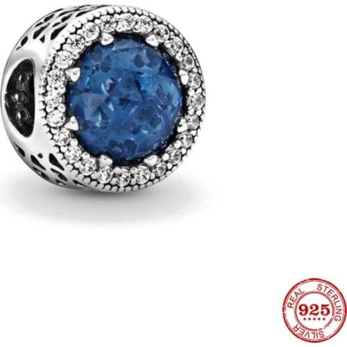 New Original Silver Color Blue Pave Round Openwork Bead Fit European Pandora Charms Bracelet Bangles Diy Jewelry P086-lan