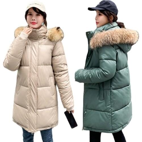 Winter Down Cotton Jacket Women Parker 2021 New Solid Hooded Imitation Leather Jacket Female Mid-length Warm Cotton Padded Coats