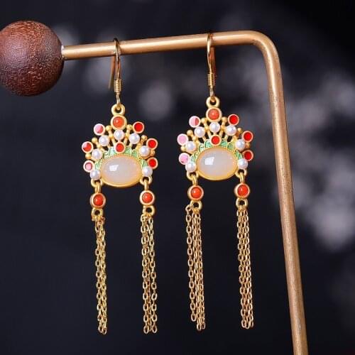 S925 Sterling Silver Sword Horse Dan Peking Opera Facial Makeup South Red Earrings Inlaid Natural Hetian Jade Drop-Shaped Earrin