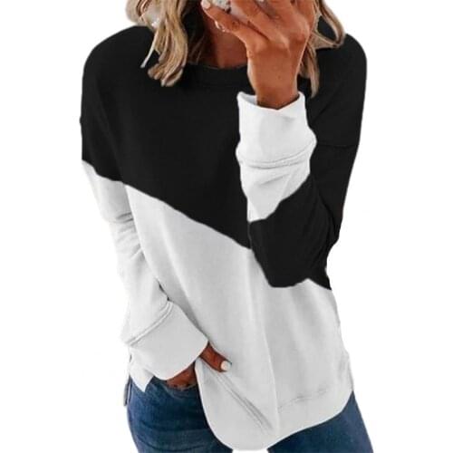 Loose Lady Women T-Shirt 2021 Long Sleeve Pullover Top Patchwork O Neck Blouse for Daily Wear
