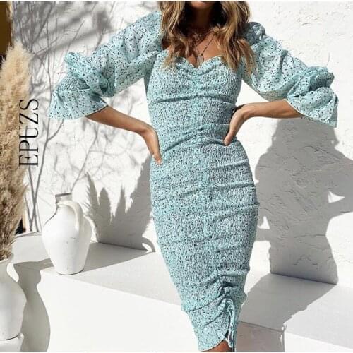 Vintage boho Hips Dot Print Long sleeve Dress women Elegant Ruched dress Sexy Lace up Elastic Midi Party Dresses Vestidos