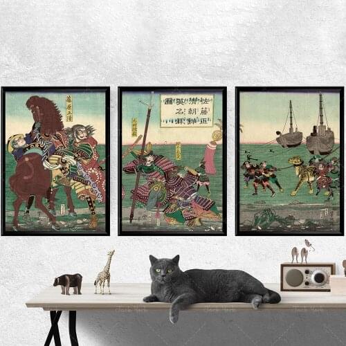Japanese Warriors Triptych Vintage Japanese Samurai Posters Japanese Ukiyo-e Woodblock Prints Japanese Warriors Wall Posters