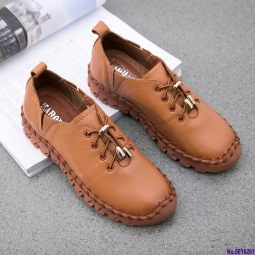 Women Shoes Flat Summer Sewing Thread Front Tie Genuine Leather Driving Casual Slip On Solid Platform Women Shoes