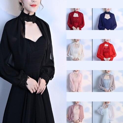 Women Side Split Long Sleeve Wedding Shawl Cape Halter Neck Chiffon Shrug Bolero XX9D