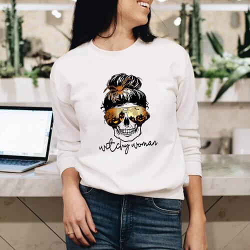 Withchy Woman Skull Funny Halloween Sweatshirt New Arrival Womens Funny Casual 100%Cotton Long Sleeve Tops Halloween Gift