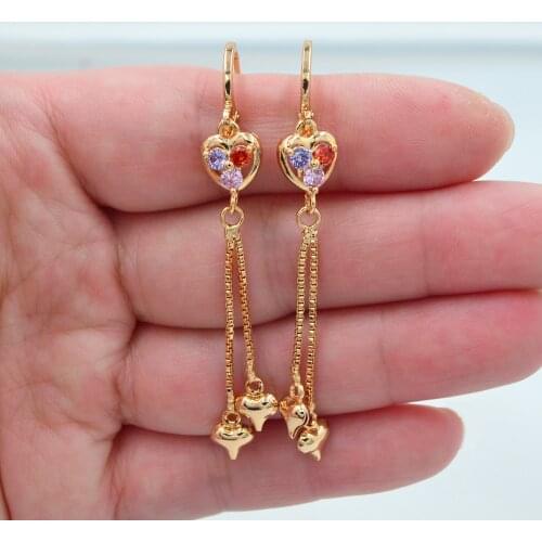 Fashion Jewelry Gold Color Colorful CZ Love Hearts Long Tassel Dangle Earrings for Women