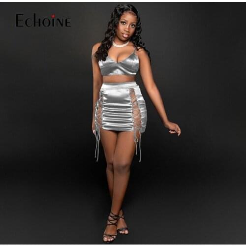Echoine Nightclub Party Solid Two Piece Summer Woman Sexy Sling V-neck Short Vest Crop Top Drawstring Lace-up Mini Skirt Outfits