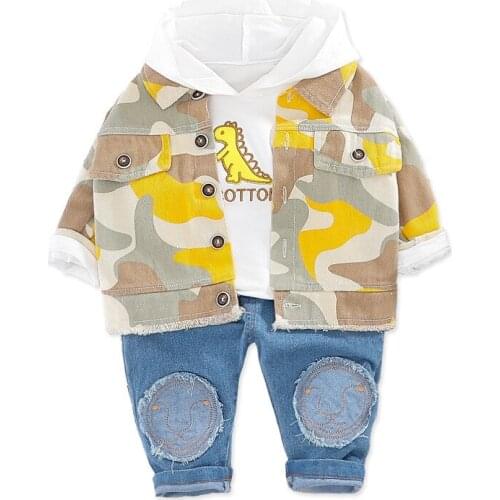 2020 New Baby Boy Clothing Sets Children Spring Autumn Camouflage Jacket + Hooded Sweater +Jeans 3Pcs Boys Fashion Clothes 1-3 Y