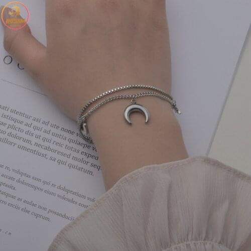Akizoom Charm Stainless Steel Double Layers Women Bracelets Moon Bangles For Men Friends Couple Jewelry Gift Freeshipping