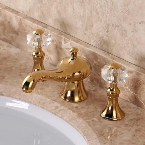 Free ship Gold PVD 8 inch widespread 3 Pieces bathroom Lavatory Sink faucet Crystal handles tap