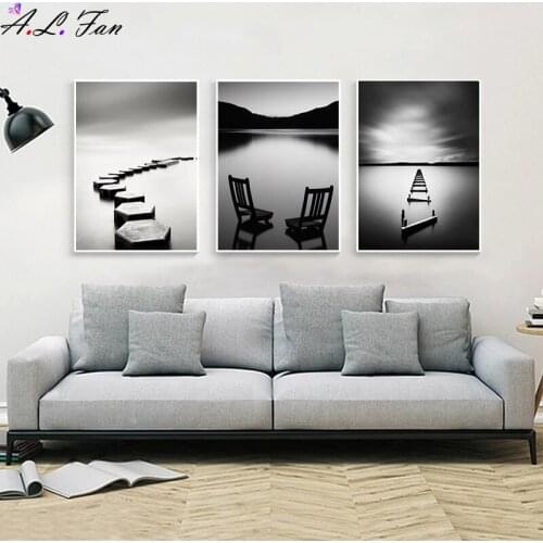 Black and white landscape painting on canvas stone wooden bridge posters wall art frames for living room home decor