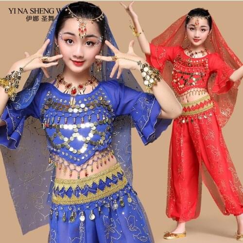 Belly Dancing Children Set Bollywood Indian Outfits Gypsy Costumes Kids India Dance Clothes Headwear Veil Top Belt 5pcs