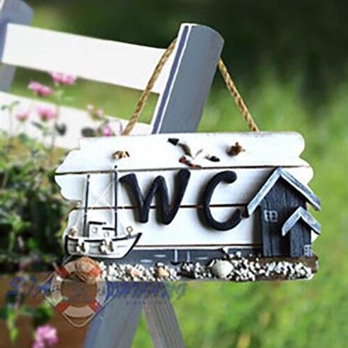 Mediterranean Style Bathroom WC Listing/Doorplate/Pure Solid Wood Home Decorations Toilet Wall Hanging Sign Ocean Style