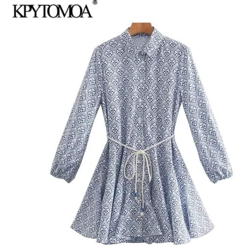 KPYTOMOA Women 2021 Chic Fashion WIth Belt Printed Ruffled Mini Dress Vintage Long Sleeve Button-up Female Dresses Vestidos