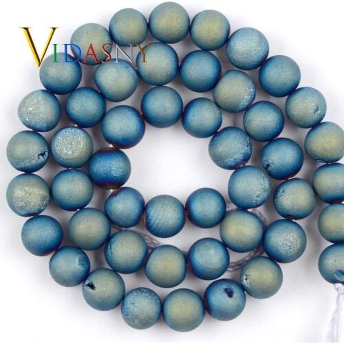 Natural Stone 6/8/10/12mm Blue Druzy Agates Round Beads for Jewelry Making Bracelet Necklace Accessories Wholesale 15"
