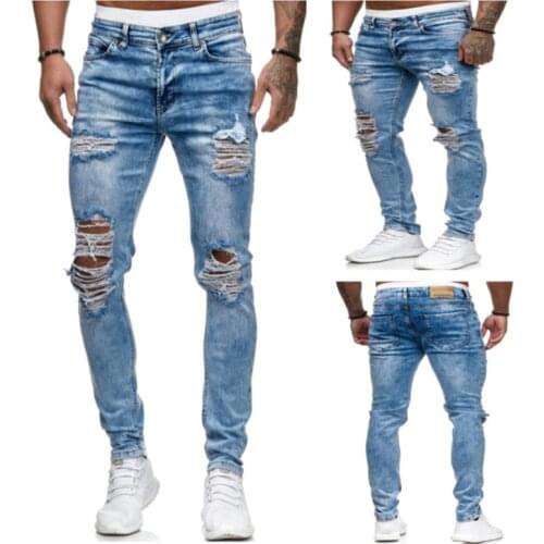 2021 Mens Fry Bleed Elastic Ripped Small Leg Jeans Minimalist Fashion Fit Light Blue Mens Jeans