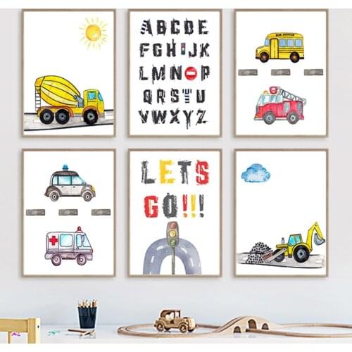 Cartoon Number Fire Truck School Bus Ambulance Wall Art Canvas Painting Nordic Posters And Prints Wall Pictures Kids Room Decor