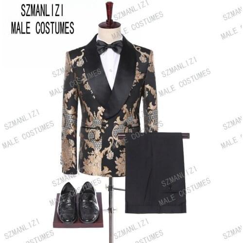 New Design 2019 Custom Made Slim Fit Mens Fashion Gold Embroidery Dress Suit Double Breasted Wedding Groom Tuxedo Costume