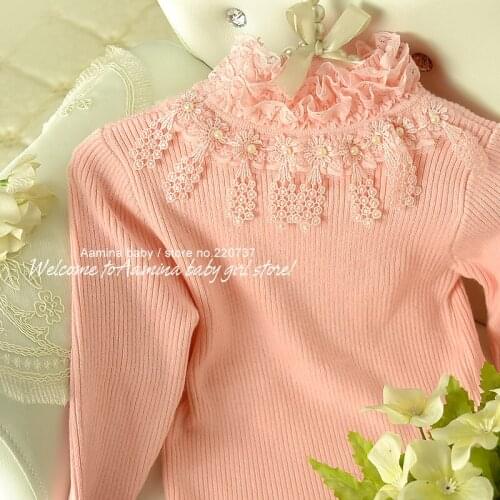[Aamina] Autumn & winter Pink ruffled turtleneck children sweater,baby girls tights t shirt , wholesale children clothing