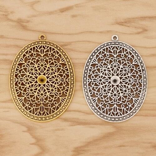 2 Pieces Tibetan Silver/Gold Tone Large Filigree Oval Charms Pendants Blank Rhinestone Settings for 5mm Stones Jewellery Making