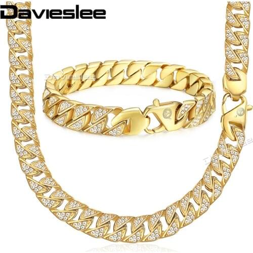 Miami Necklace Bracelet Jewelry Set for Men Gold 316L Stainless Steel Cubic Zirconia CZ Jewelry Chain 12mm LHS60
