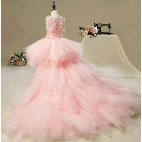 Glizt Long Trailing Girl Pageant Evening Gowns Appliques Pink Tulle Flower Girl Dresses For Wedding Kids First Communion Dresses