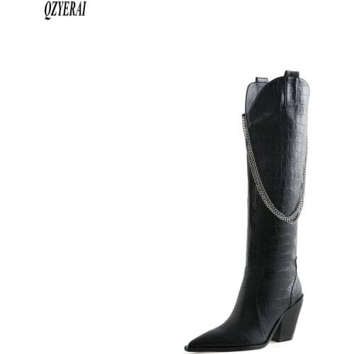 QZYERAI black The knee boots Genuine leather Female boots pointed Womens boots Autumn winter cowhide Womens shoes Size 34-43