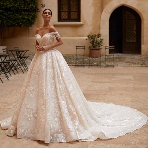 Luxury Sweetheart Neck Embroidery Appliques Tulle Cathedral Train Wedding Dress High-End Off the Shoulder Bridal Ball Gown