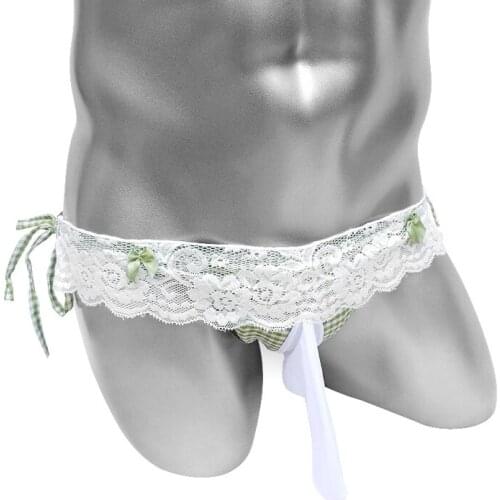 Sexy Erotic Lingerie Penis Sheath Lace-Up Sissy Pouch Panties Mens Briefs Underwear Plaid Bikini Fashion Cute Adult Costume