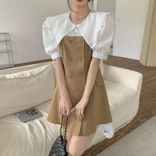 Chic French Vintage Ruflles Splicing Puff Sleeve Fake Two Pieces Slim Fit Doll Collar Short Mini Dress Summer Fall Fashion Dress