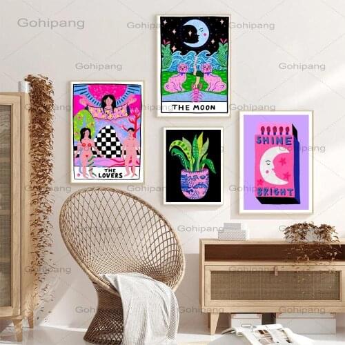Nordic Tarot Card Lovers Canvas Painting Abstract Wall Prints Watercolor Moon Plant Animal Art Poster for Living Room Home Decor