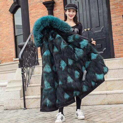 Xlong Winter Real Fox Fur Coat Womens Real Fur Parkas Jacket Colorful Fox Fur Hooded Female Cotton New Loose Streetwear