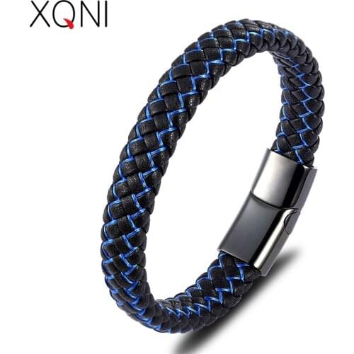 XQNI Fashion Design Stripe Blue Color New Classic Stereo Technology Genuine Leather Bracelet For Men Marry Christmas Gift Sale