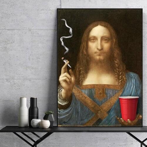Fun Art Da Vinci Famous Salvator Smoking Canvas Paintings Reproductions By Poster and Prints Wall Art Pictures for Living Room