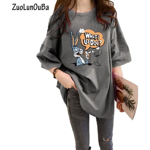 ZuoLunOuBa Summer Women T Shirt Cartoon Rabbit Print Harajuku Short Sleeved Gray Mid Length Tees Tops