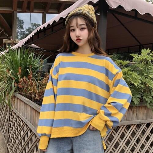 Women Sweatshirt New Korean O Neck Loose Pullover Female Hoodie Autumn Clothes 2021 Bf Style Striped Thin T Shirt Top Ropa Mujer