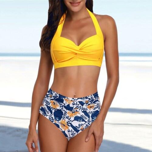 Womens Sexy Bikini Swimsuit Retro Swimwear Two-piece Retro Open Back Ruffled High Waist Printed Push-up Bikini Set#40