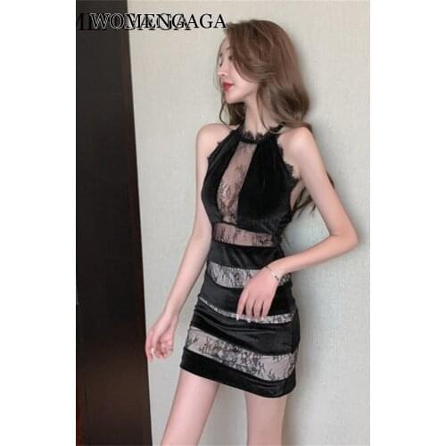 WOMENGAGA Autumn Spring New Mesh Lace Sexy Slim Fitting Gold Velvet With Lace Bottoming Mini Dress Dresses GA62