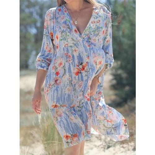 Autumn long sleeve floral print A-line Dress Women sexy v-neck loose flower dress Casual party robe Vestido de mujer otoño 2021