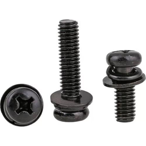 100PCS M2.5 M3 M4 GB9074.4 Black carbon steel phillips pan head three combination screw sems screws with washer tamper-resistant