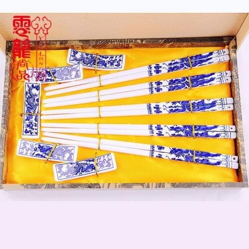 5Pairs Chinese Handmade Vintage Porcelain Dragon Chopsticks& Brackets Gift Set