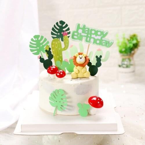 5Pcs Turtle Leaf Cactus Cake Toppers Cartoon Lion Monkey Animal Cupcake Toppers Jungle Party Decoration Kids Birthday Supplies