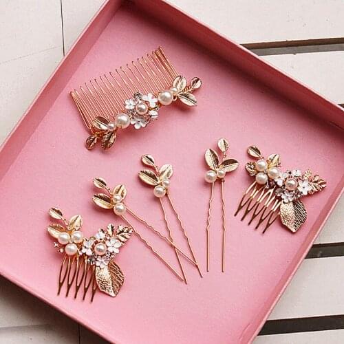 6PCS Hair Combs Accessories Pearl Handamde Leaf Wedding Bridal Hair Jewelry Rhinestone Alloy Crystal Women Hair Ornament
