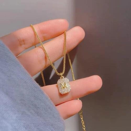 316L Stainless Steel M Letter Zircon Square Pendant Charms Chain Choker Necklace For Women Fashion Fine Jewelry SAN648